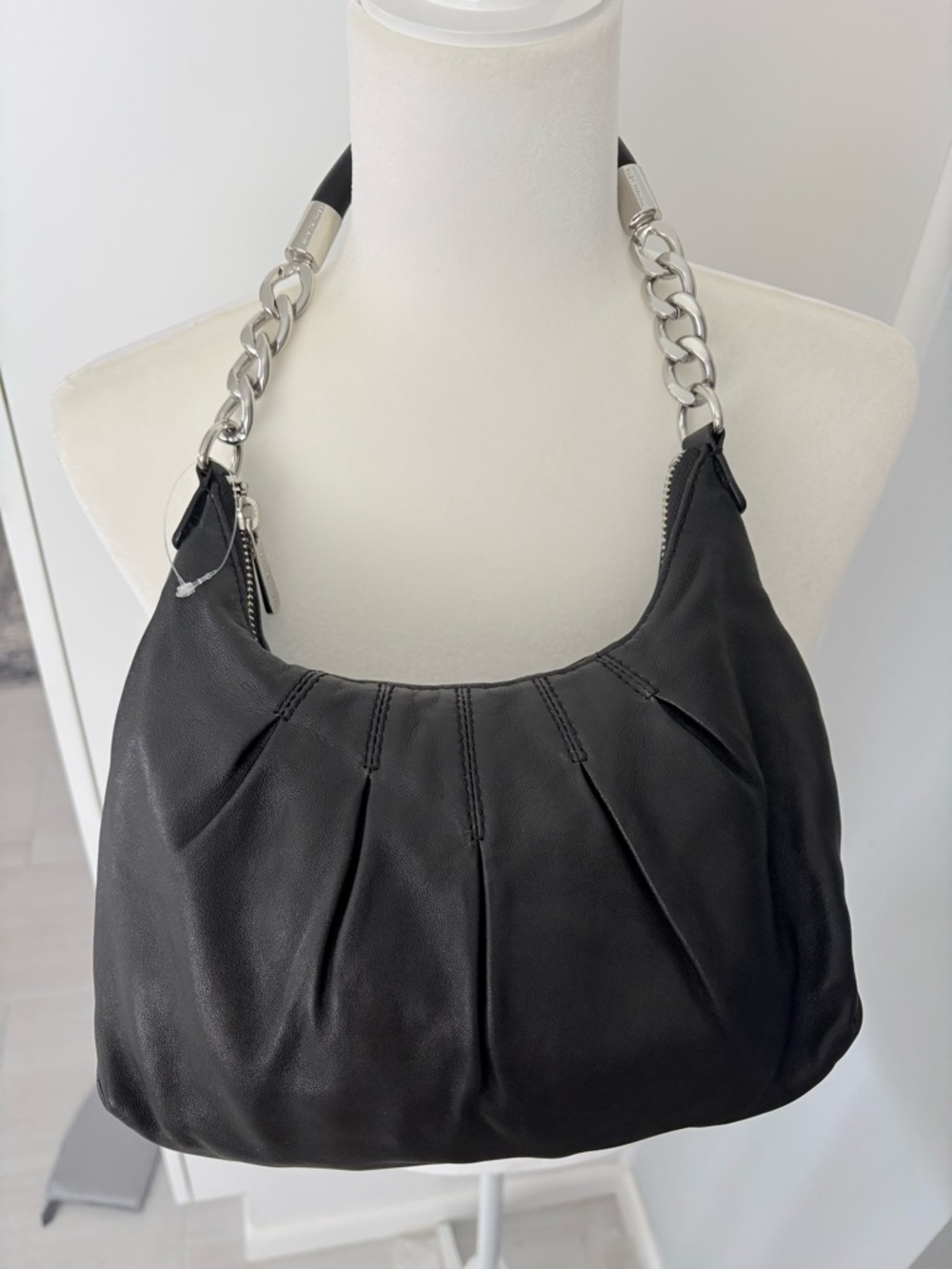 Michael Kors Black Leather Hobo with Silver Chain Handle
